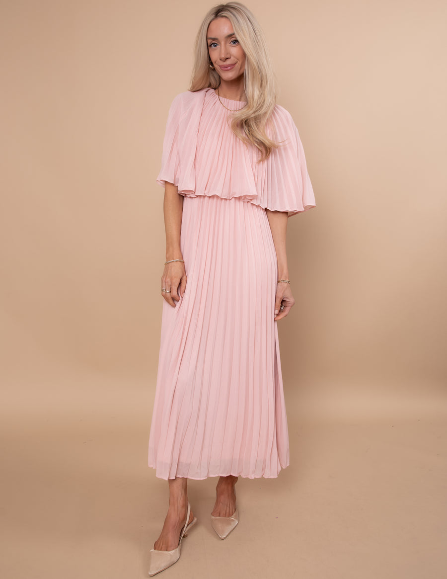 pink pleated midi dress Annabel | Dusty PINK High-Neck Midi Dress With Pleating