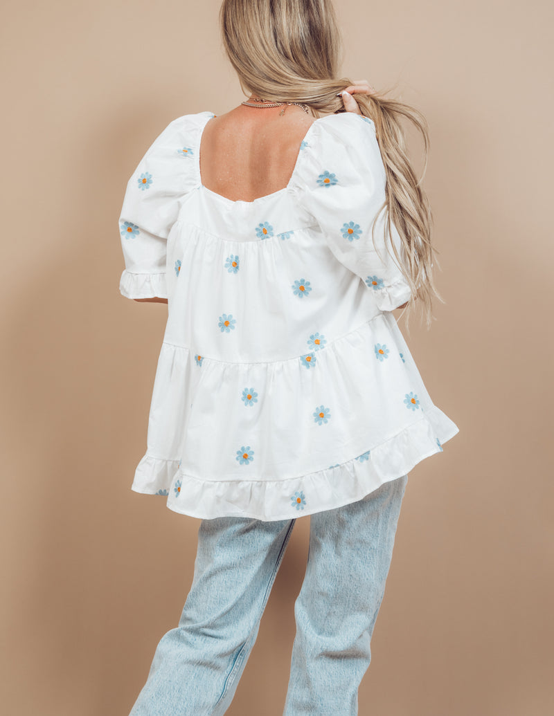 Daisy Embroidered Square Neck Top