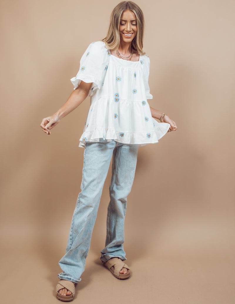 Daisy Embroidered Square Neck Top