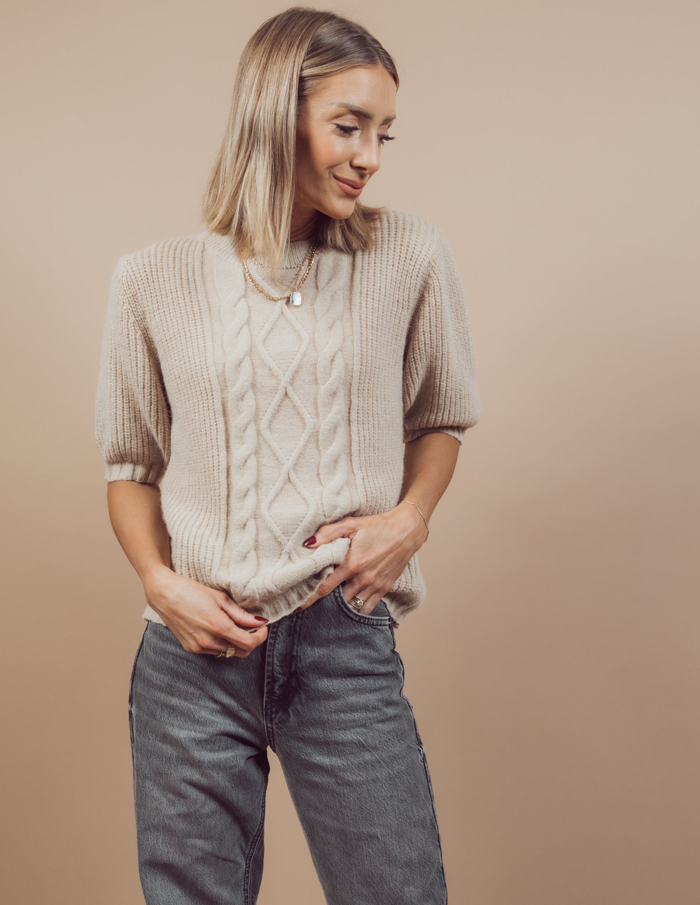 【MODERNIF】Tena Cable Open Collar Short Sleeve Knit Jelena Cable Knit Short Sleeve Sweater · Shop Stevie