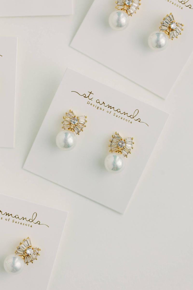 Gold Pearl Sparkler Statement Bow Earrings