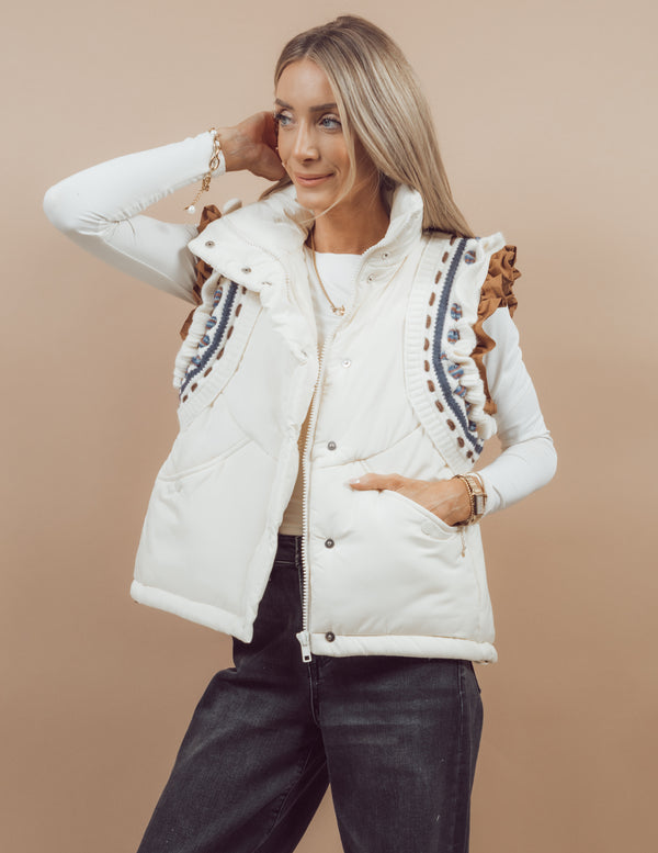 Sara Embroidered Puffer Vest