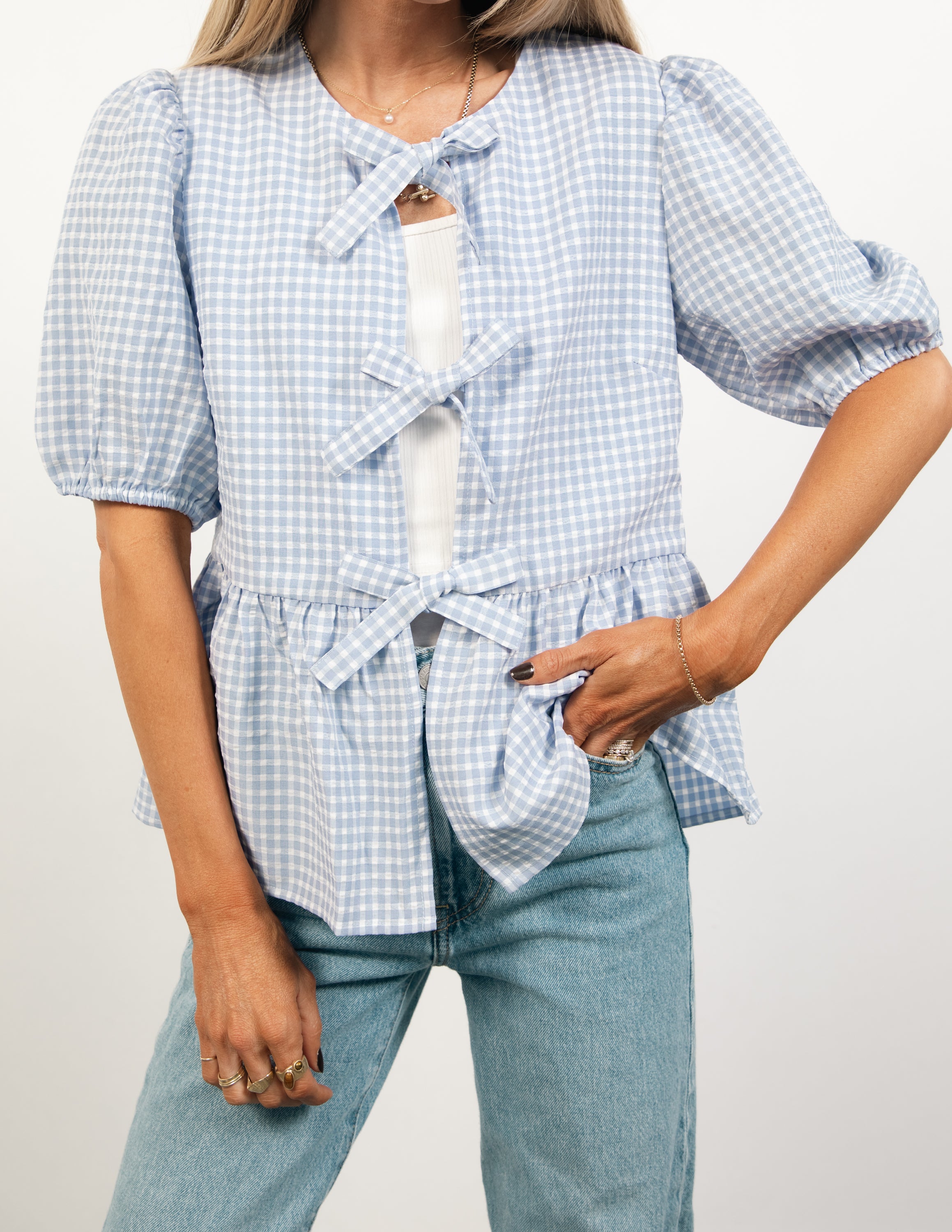 Peplum Gingham Tie Front Top