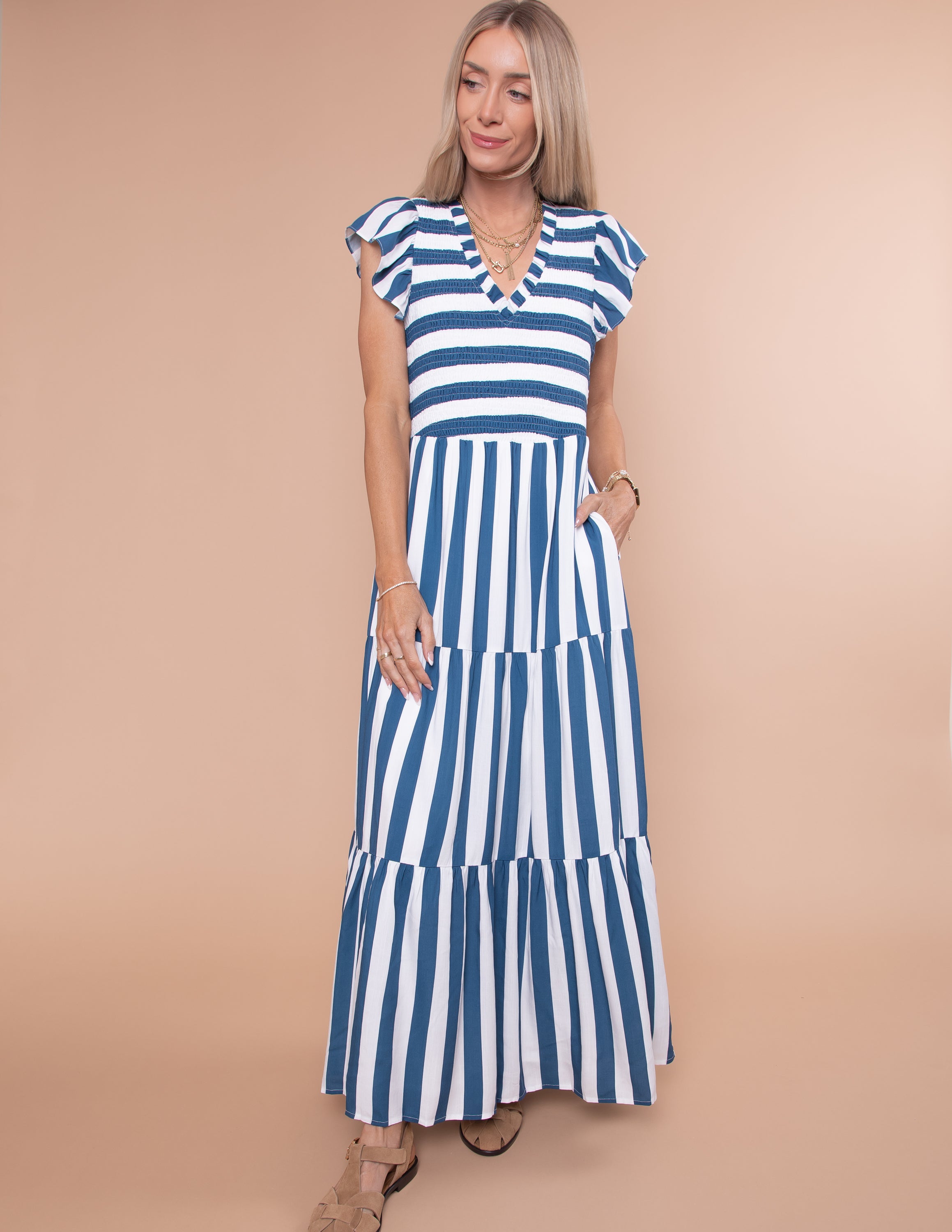 Emerly Striped Tiered Midi Dress