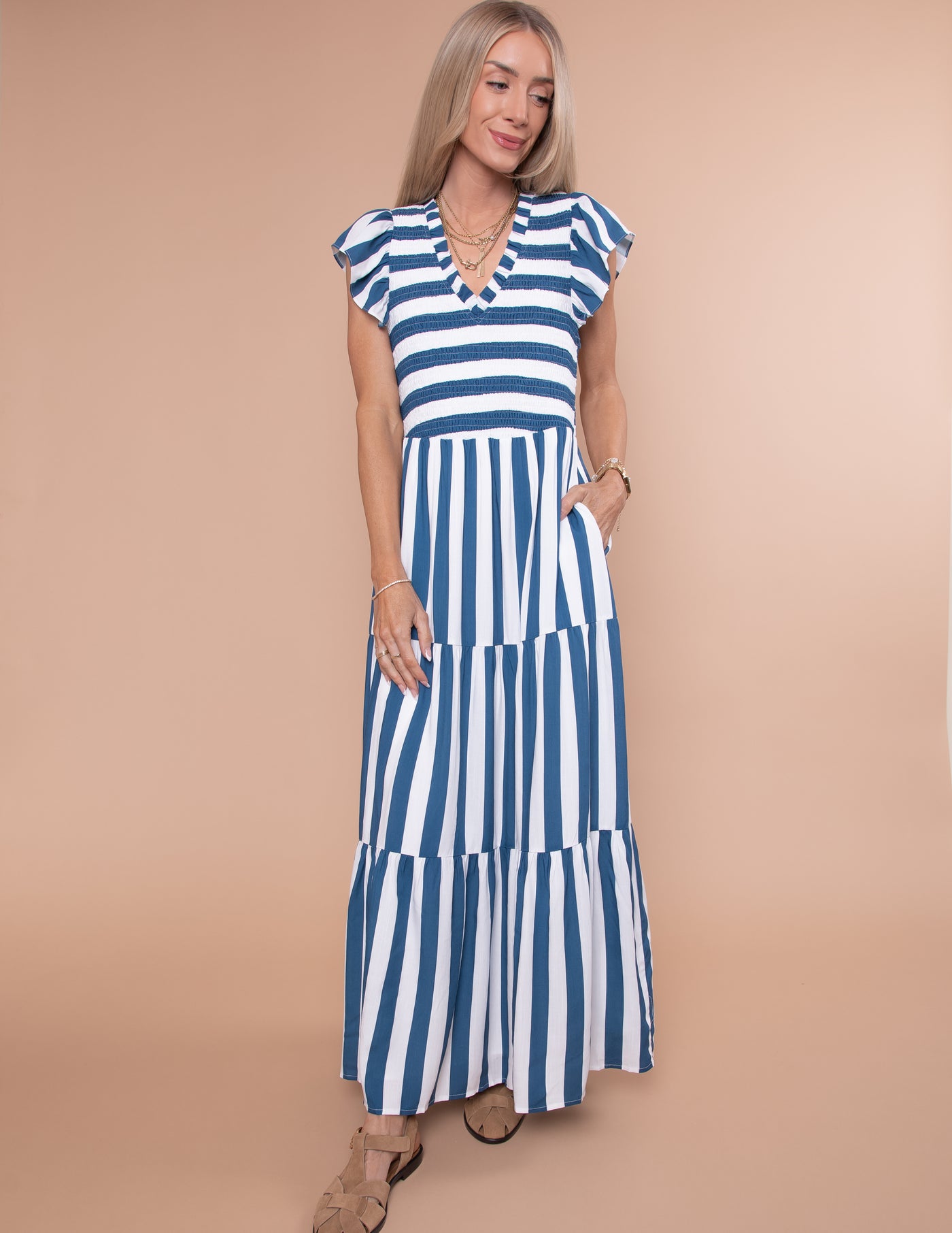 Emerly Striped Tiered Midi Dress