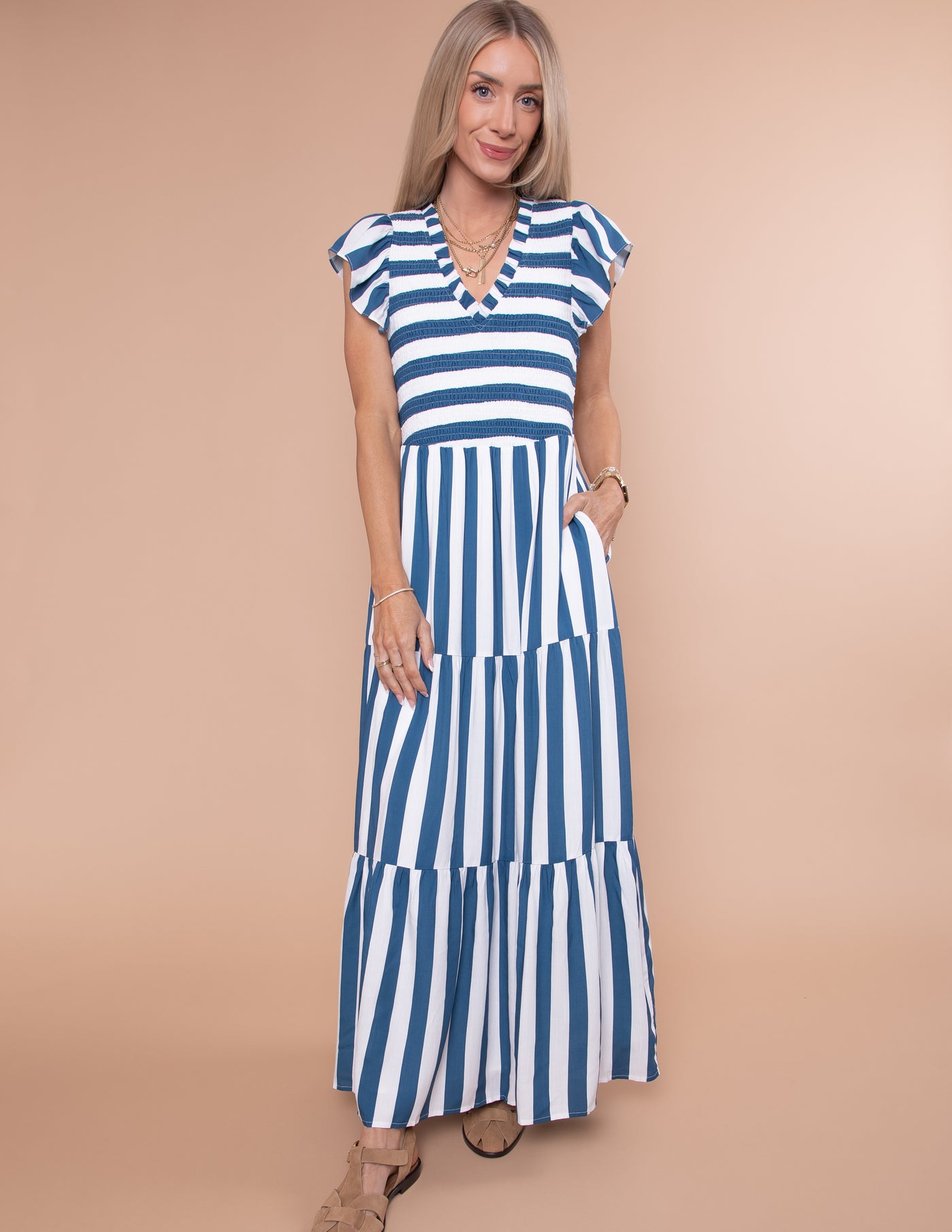 Emerly Striped Tiered Midi Dress