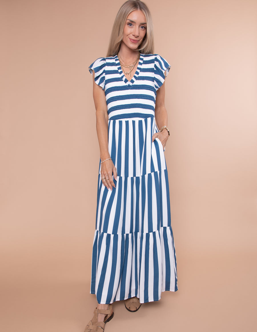 Emerly Striped Tiered Midi Dress