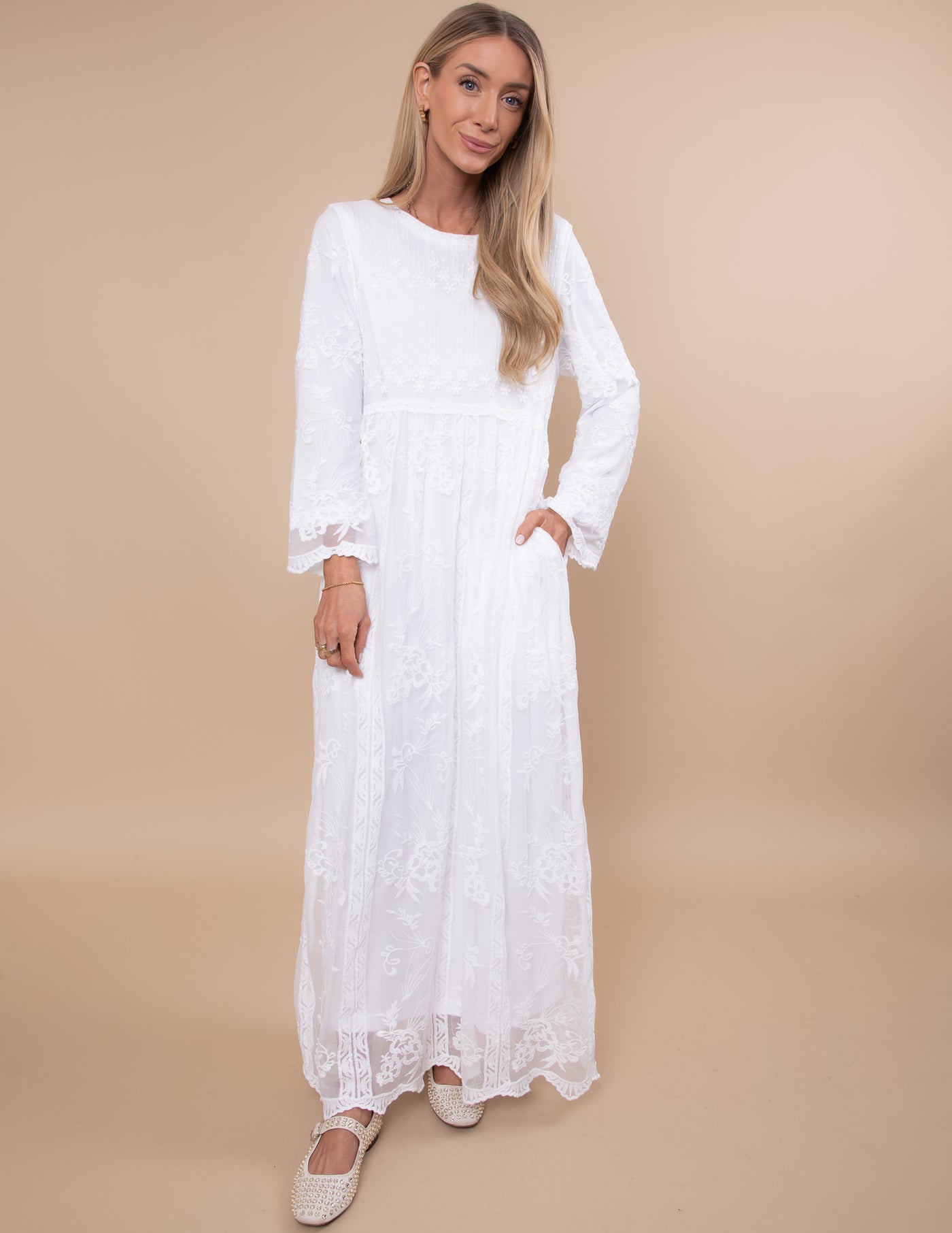 embroidered white temple dress Sweet Antionette White Temple Dress