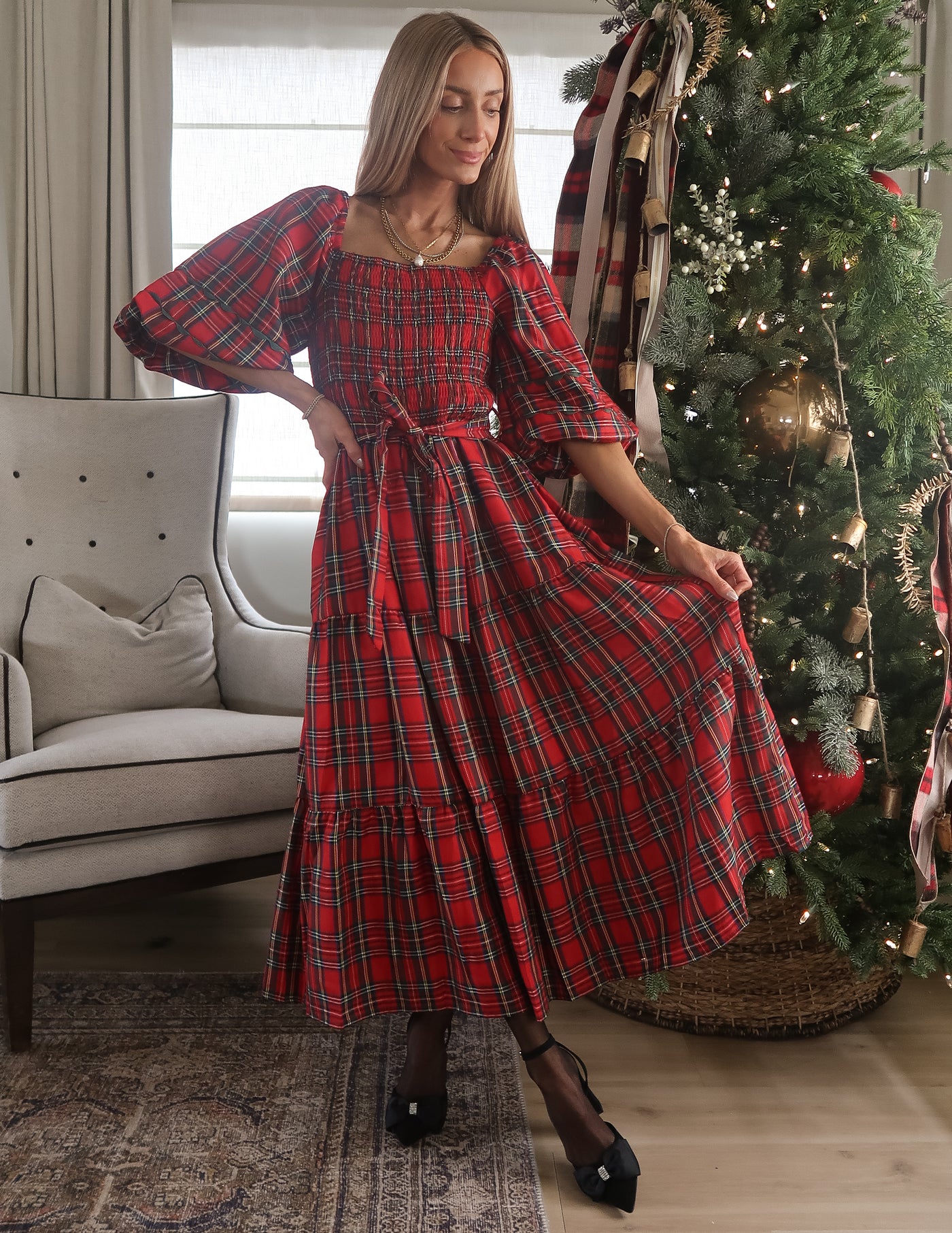 black and plaid christmas dress Personalized Plaid Christmas Dress Vintage Style Prom Dress Photo Shoot Dresses YW231115