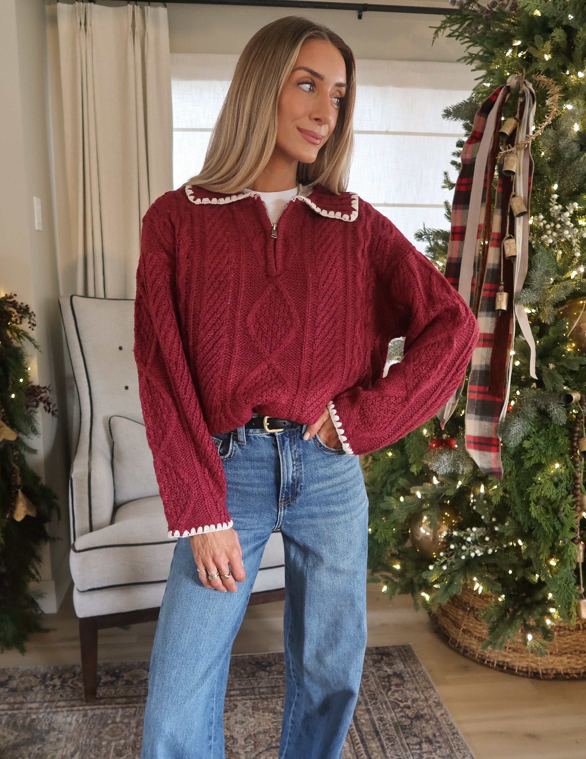 Scarlet Rose Cable Knit Sweater