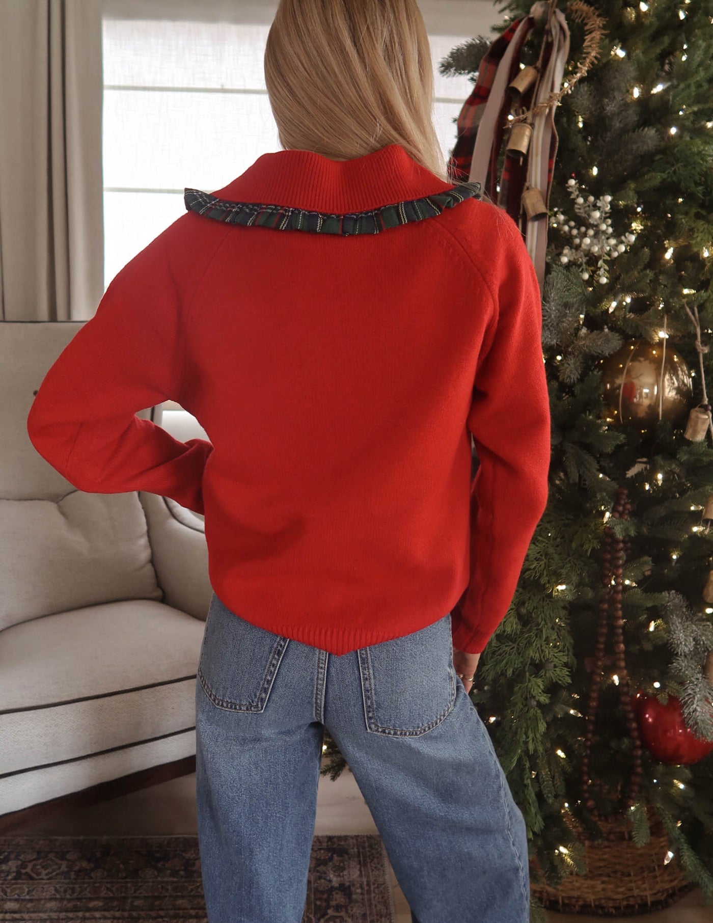 Christmas Plaid Ruffled Collar Sweater
