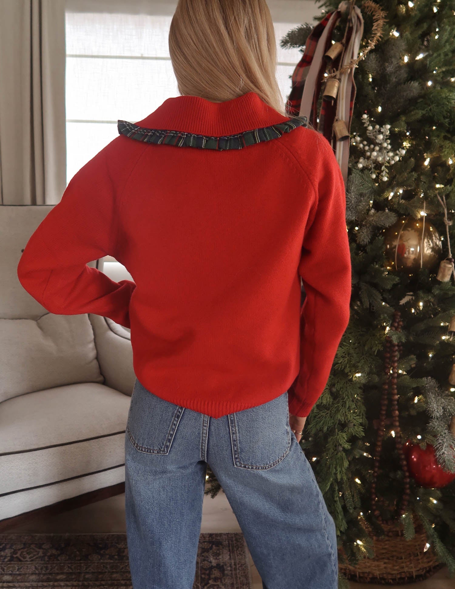 Christmas Plaid Ruffled Collar Sweater