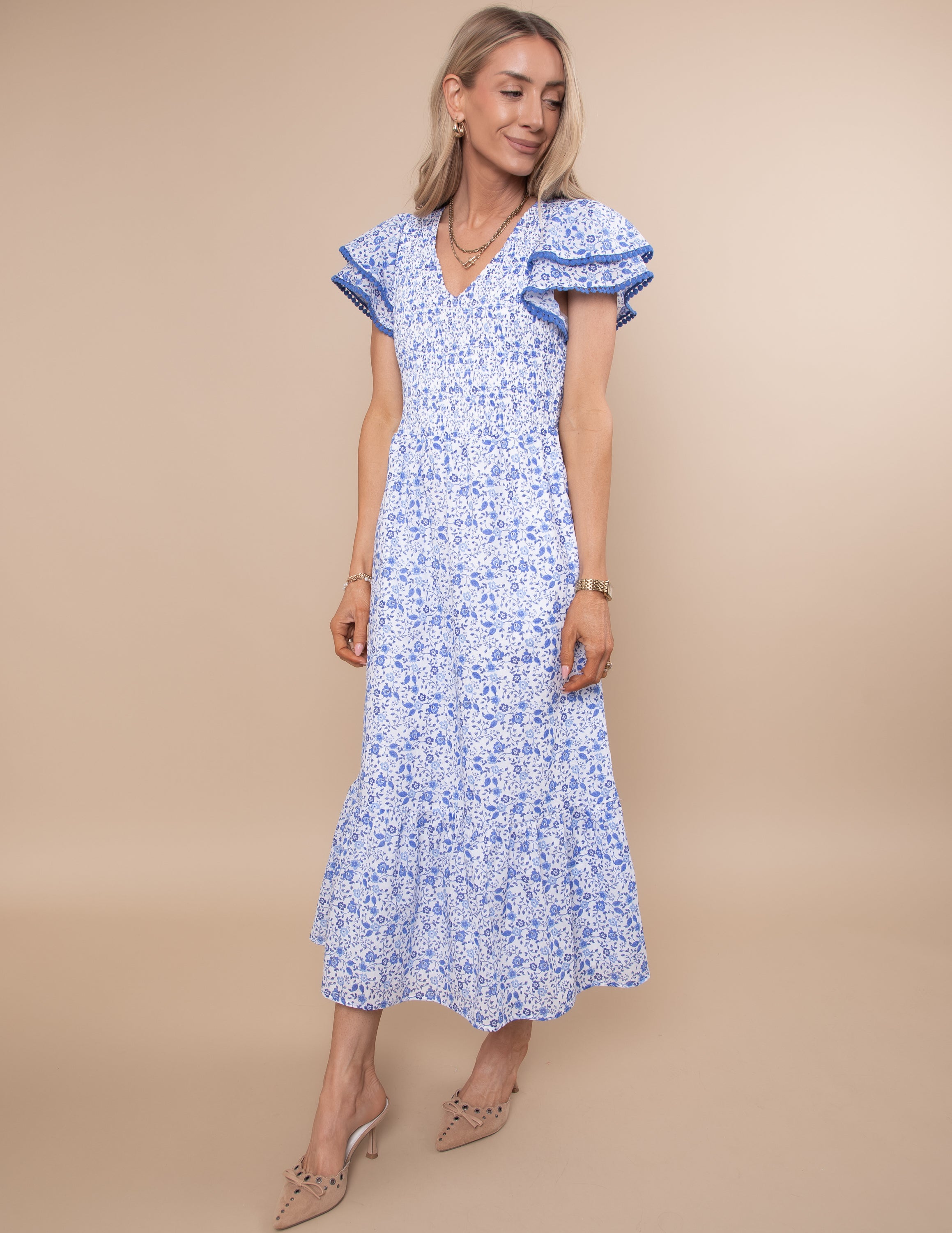 misa los angeles stevie tie-neck tiered floral chiffon midi dress MISA Los Angeles Stevie Tie-Neck Tiered Floral Chiffon Midi Dress