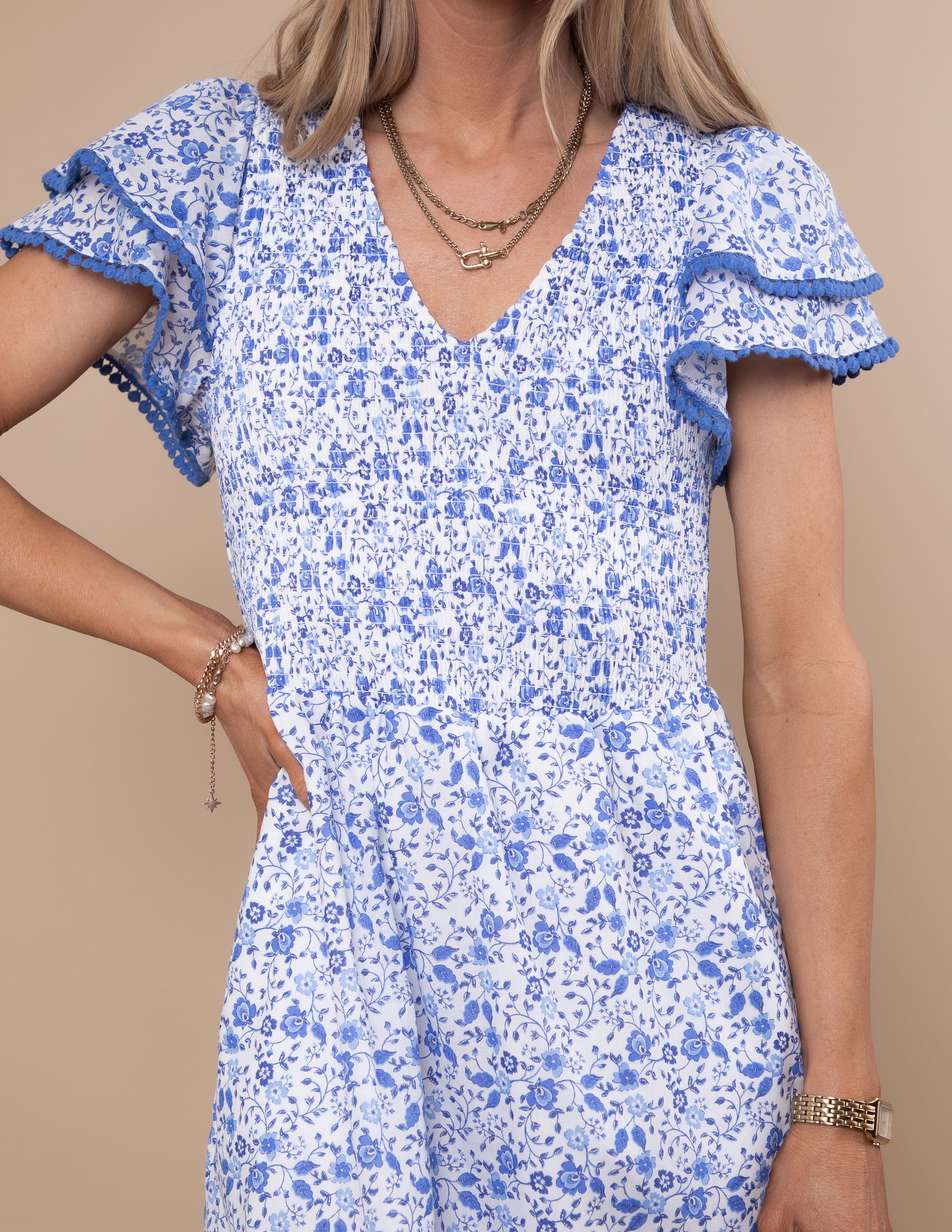 maisie tiered midi dress Maisie Floral Patte Tiered Midi Dress WHITE-BLUE-COMBO / M by Sugarlips