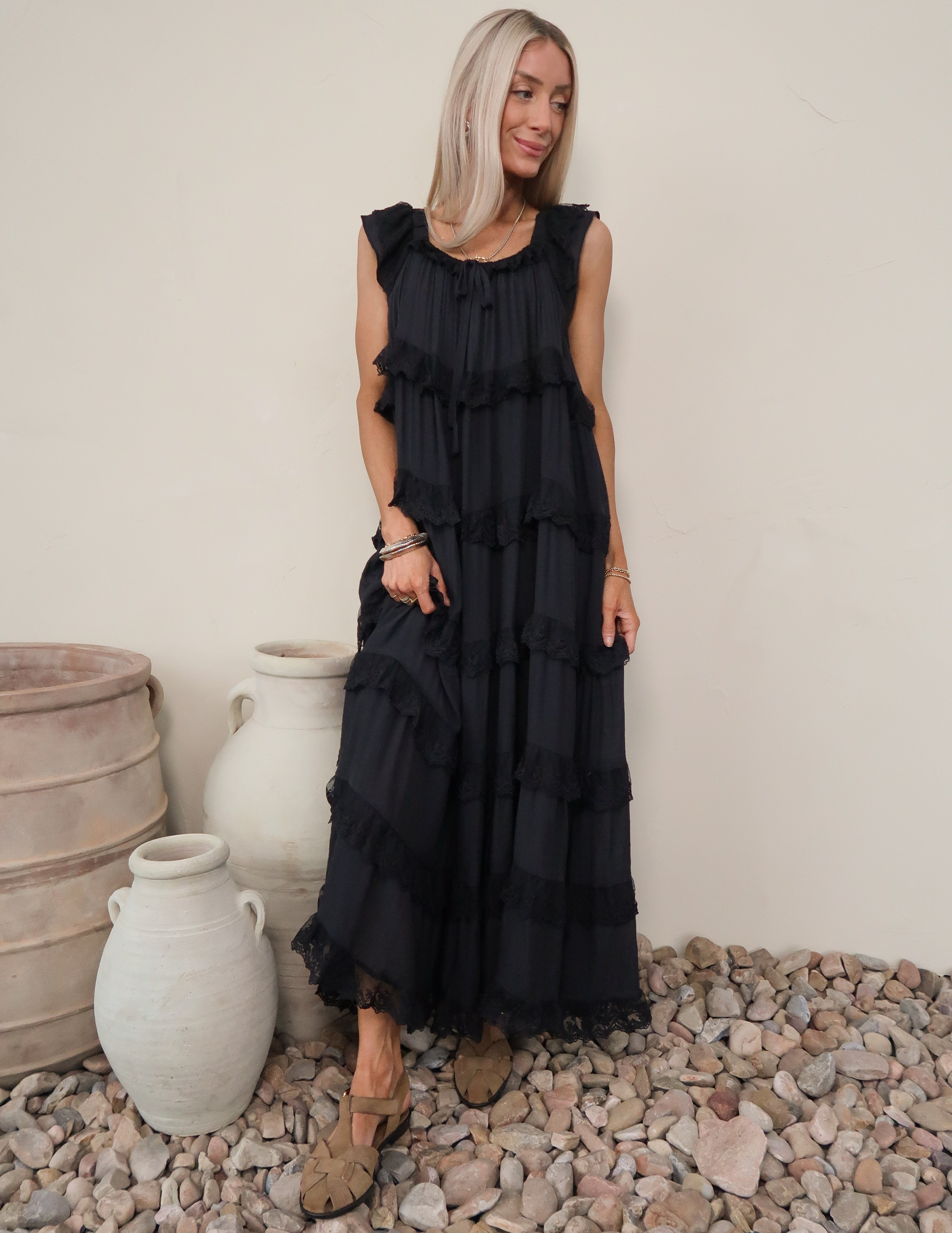 tiered lace dress Alara Tiered Lace Dress Black / S