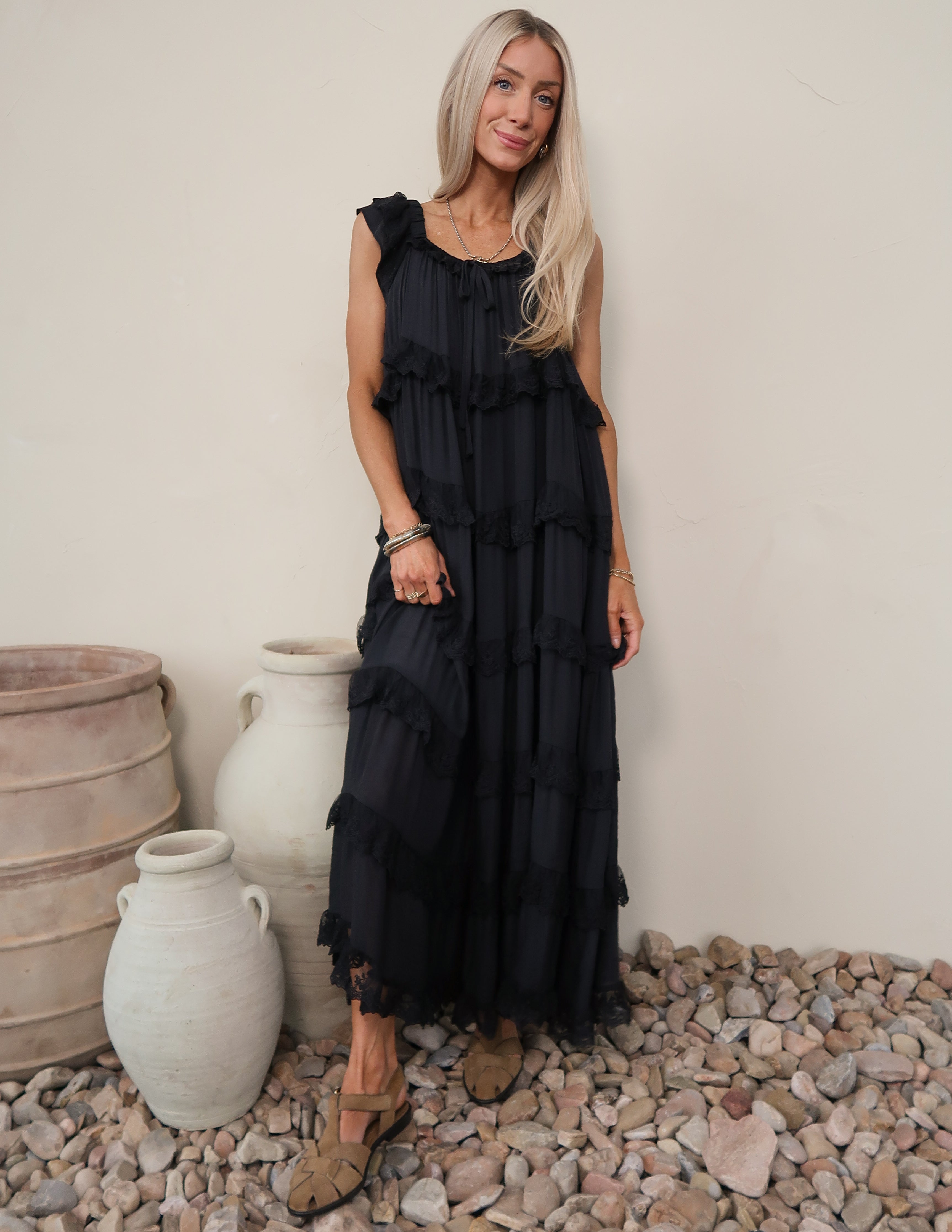 tiered lace dress Layered Ankle Gown Cream This floor Zapaka Women White A-Line Tiered