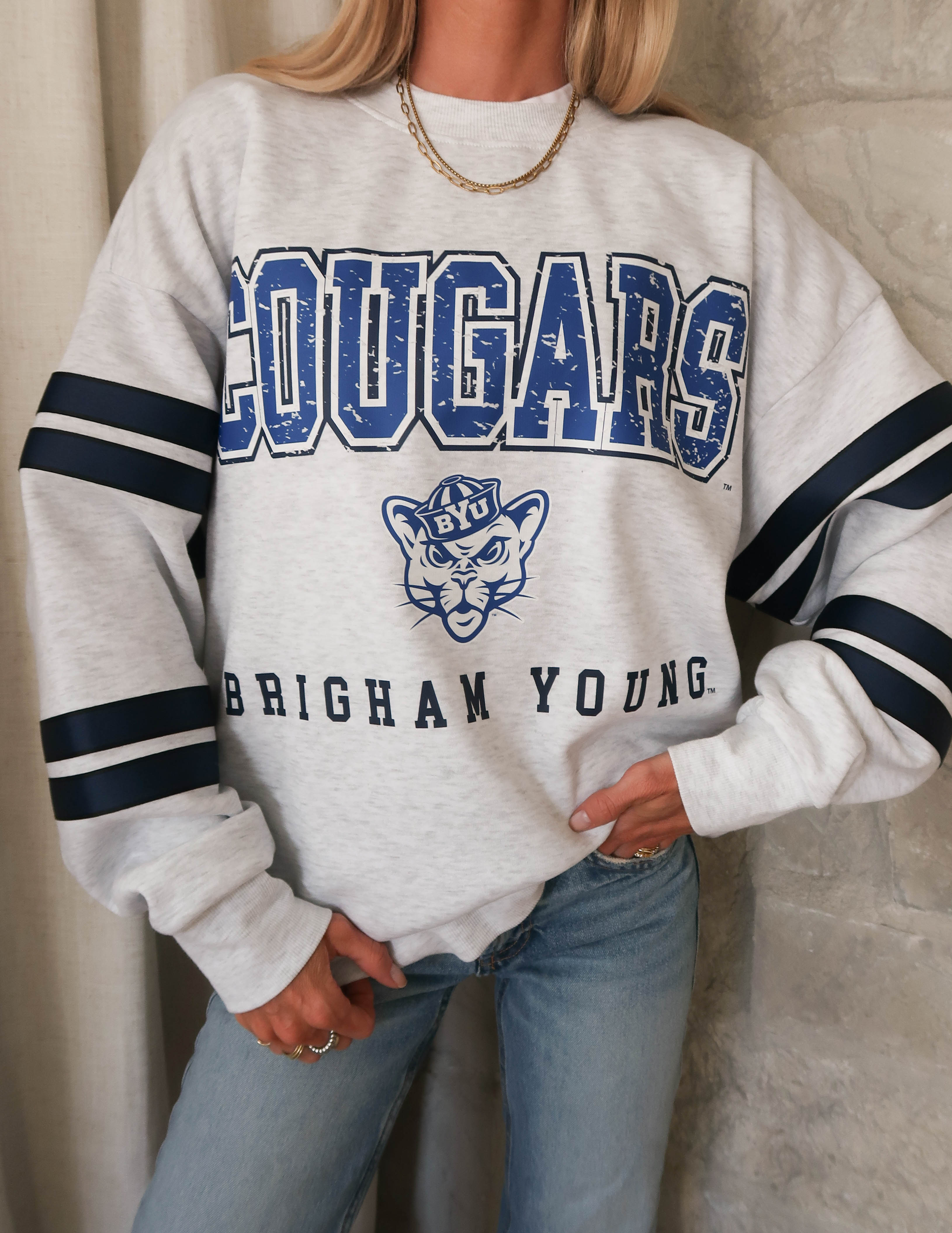 BYU Stadium Striped Crewneck