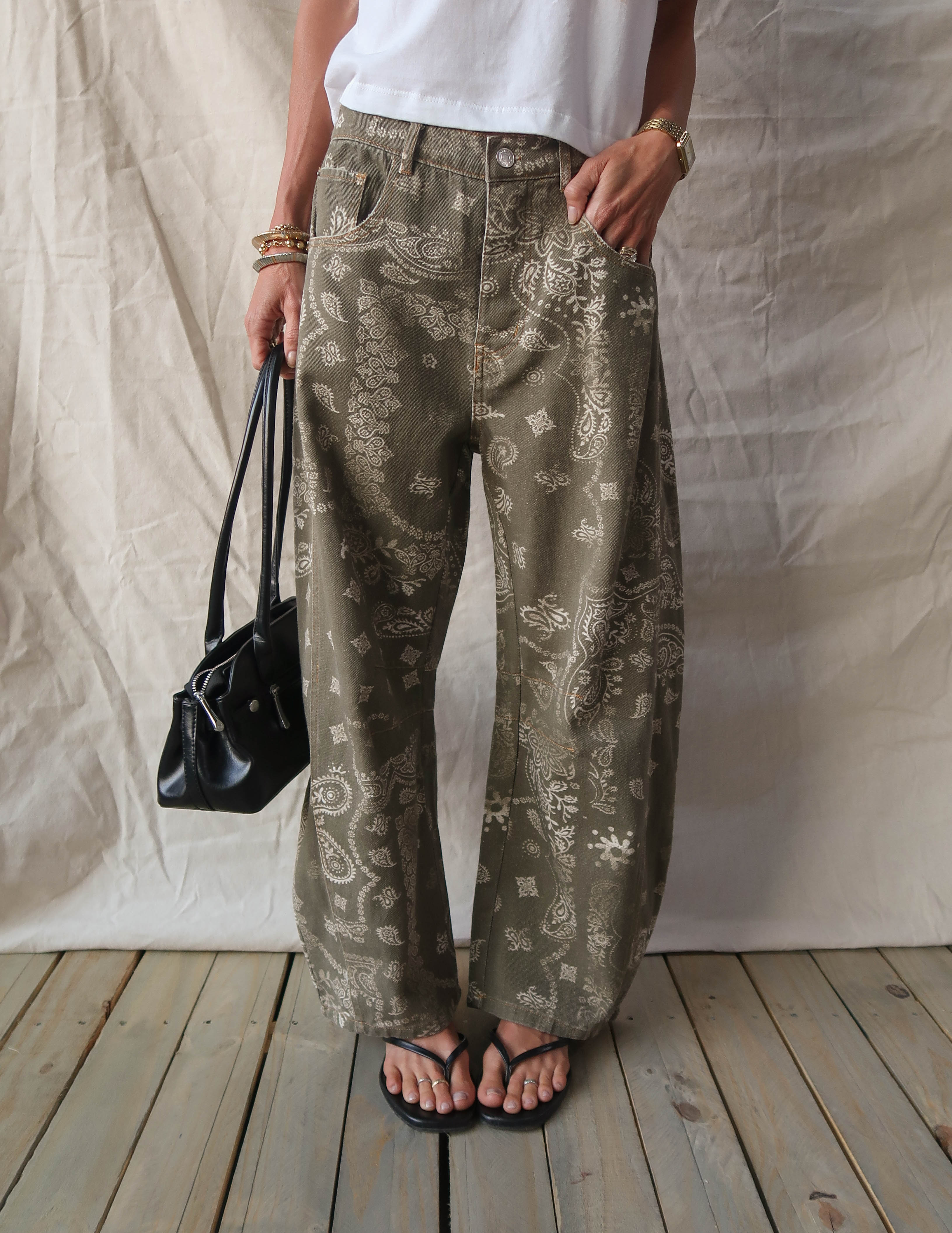 Paisley Printed Barrel Jeans