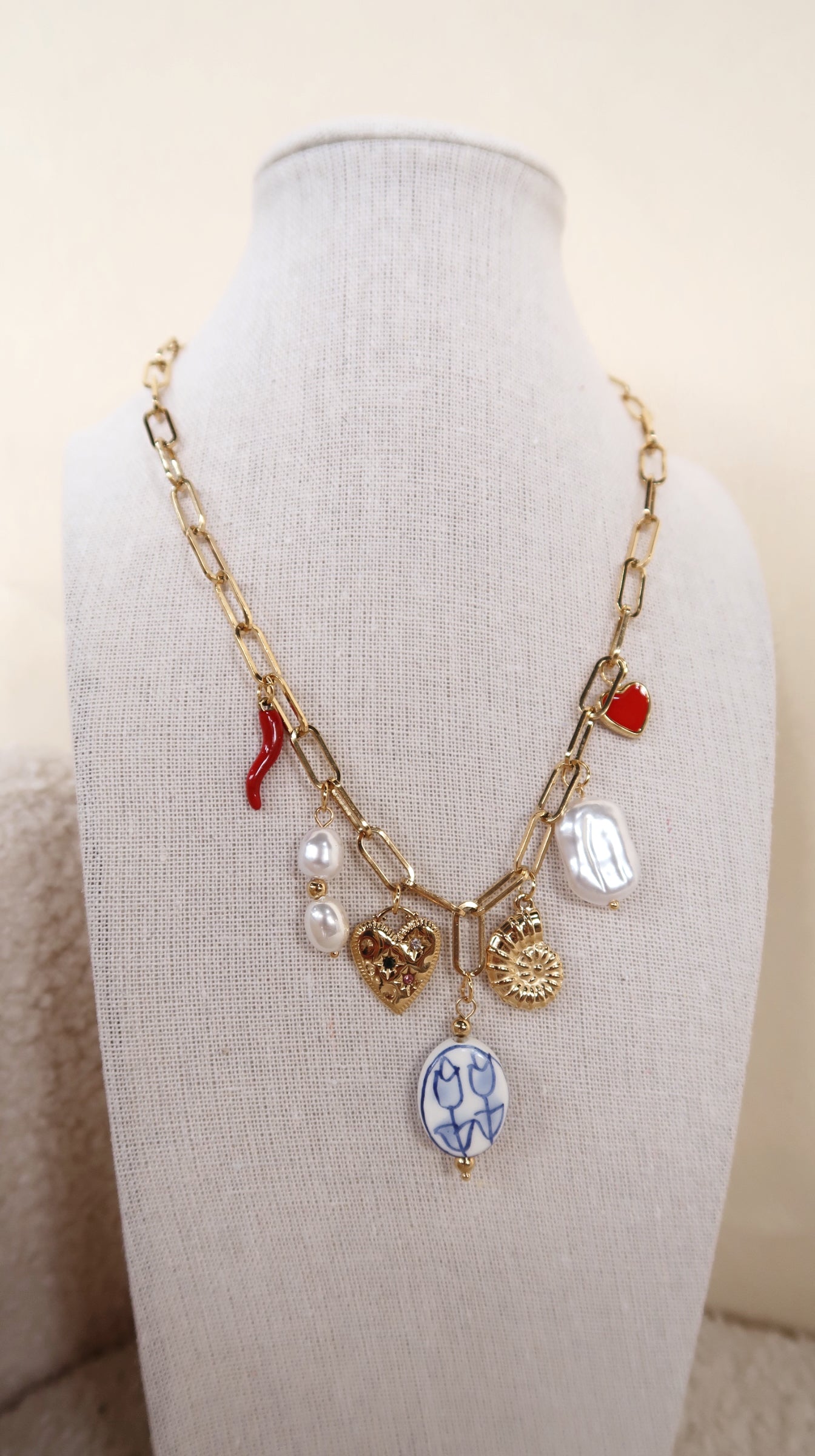 Blue and White Floral Charm Necklace