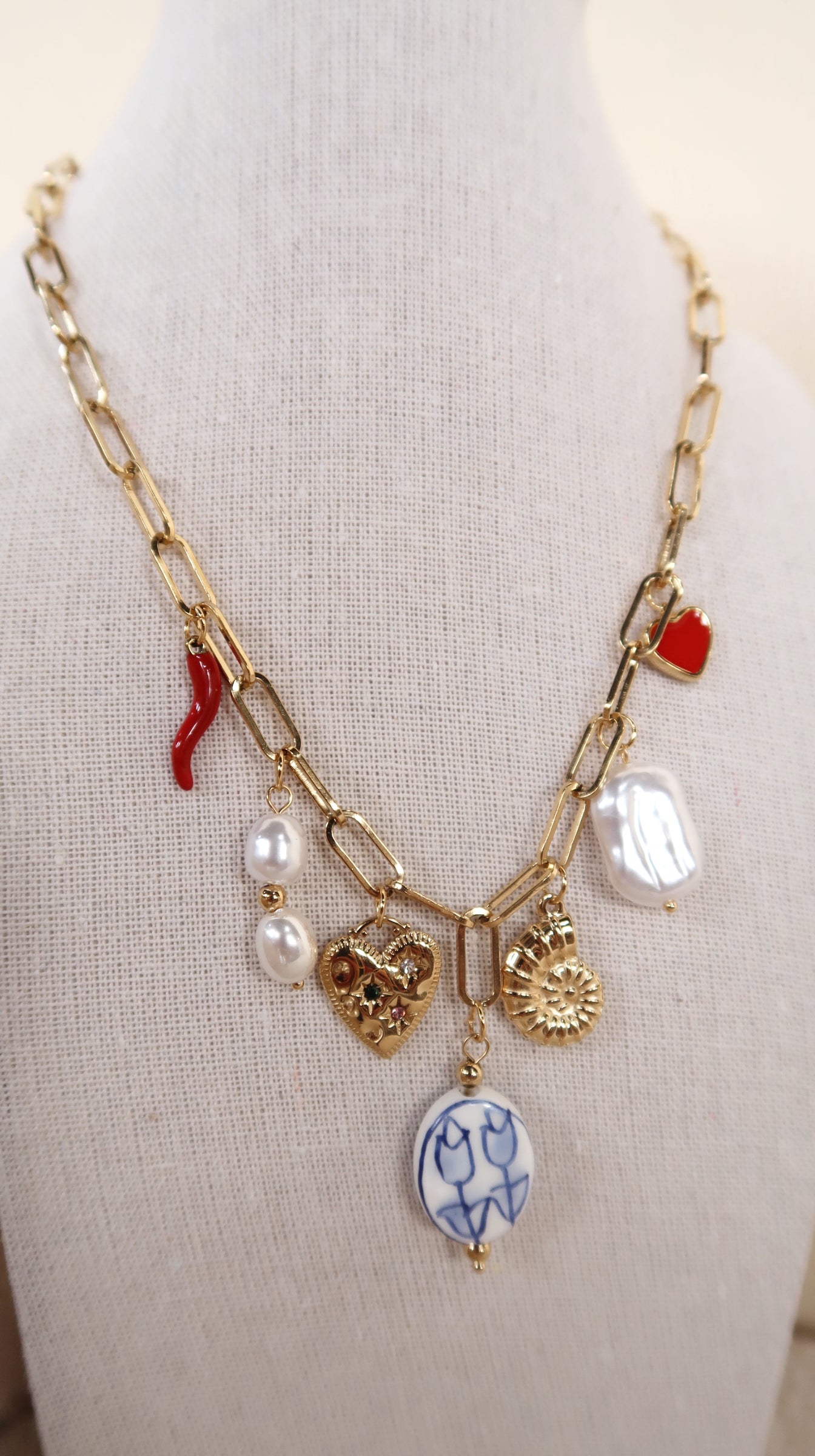Blue and White Floral Charm Necklace